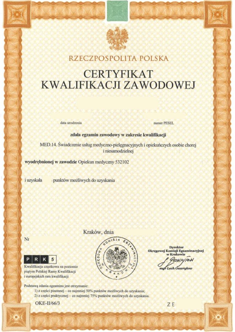 Certyfikat potwierdzający kwalifikacje zawodowe
