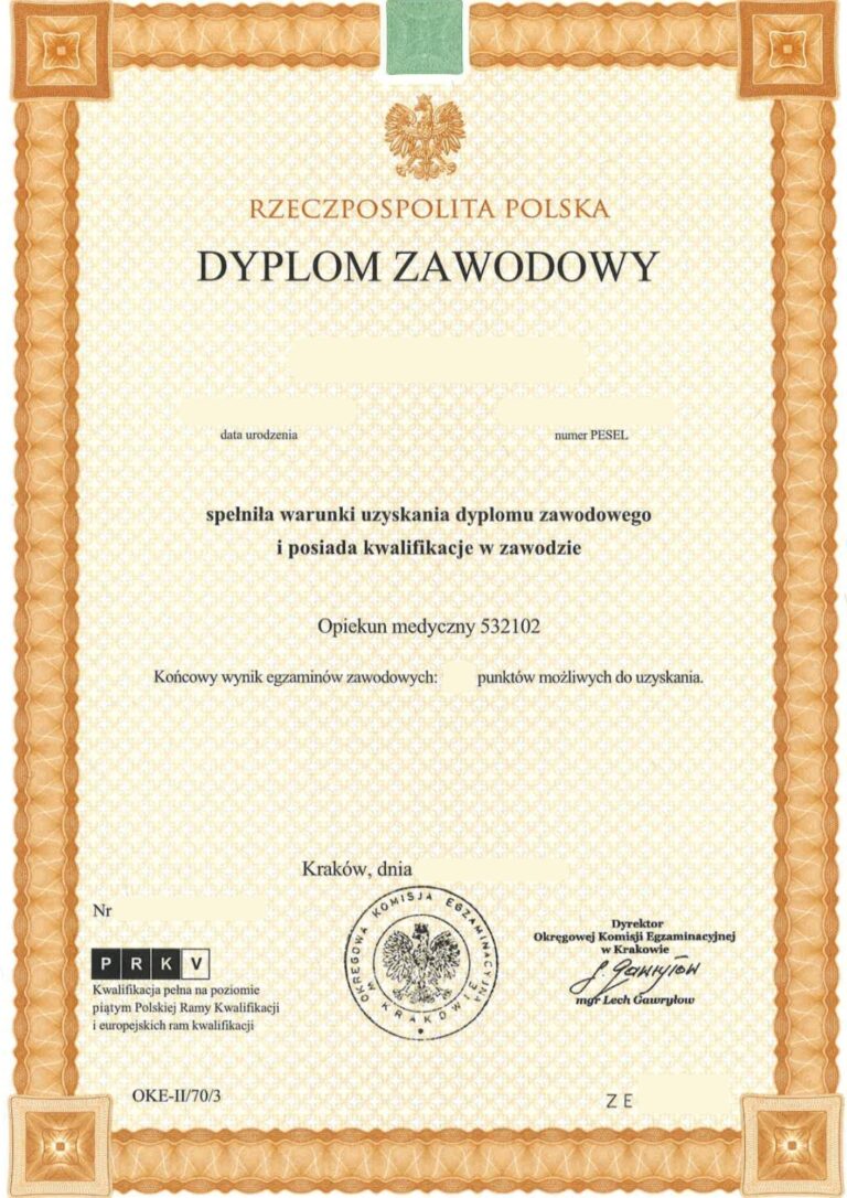 Dyplom zawodowy +2 suplementy w języku polskim i angielskim